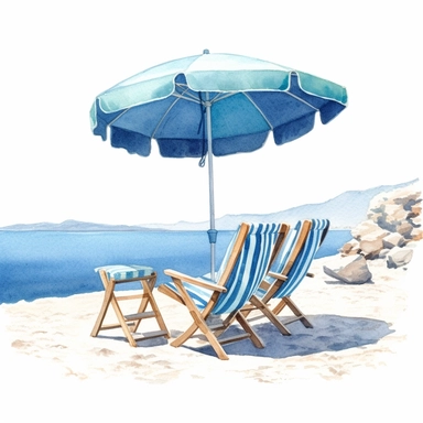 watercolor, hyper realistic, white background, white margins, 16k, ultra detailed clipart, cut out image, hand-drawn, whimsical manhwa style, ultra HD, sharp and clean art a sun lounging chair and umbrella on a pristine white sandy beach, overlooking the turquoise sea. Color Scheme: Shades of blue and white, inspired by the iconic colors of Santorini's architecture and the Aegean Sea.