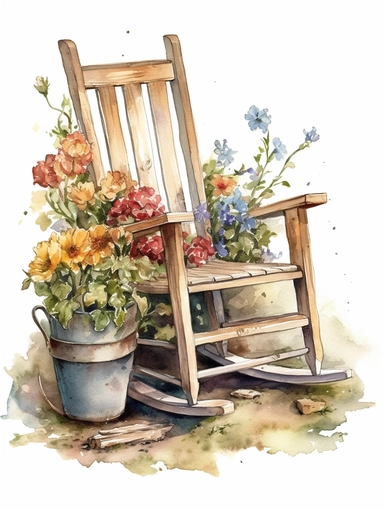 watercolor, vintage, country, wood rocking chair in the garden with flower pots next to it on the ground, beautifully carved arm rests and on white background, clip art