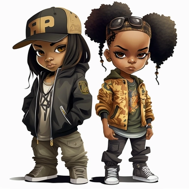 children’s book cover graphics, Black hip hop chibi athletic girls and boys png clipart, mixed race hip hop girl wearing camo, mixed race hip hop girl wearing black, mixed race boy wearing earth tones, mixed race hip hop boy wearing black, 3d, white background
