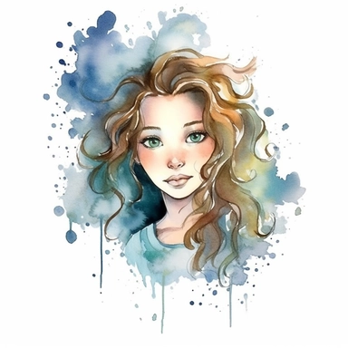 watercolour clipart of a woman, with crazy brown hair, blue-gray eyes, the sweet and scatterbrained dreamer, with a great sense of humor. She immerses herself in the world of digital design, creating exquisite papers for scrapbook albums. Though she may often forget things, her delicate touch and gentle nature shine through her artistry, make her smiling, exalted mood, white background, 8k, f1