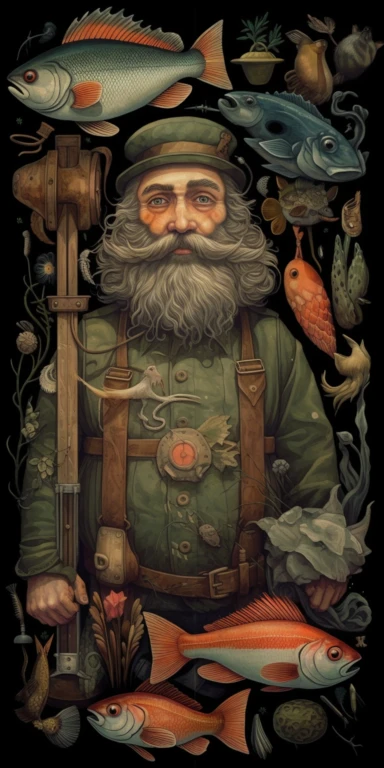 handcarved wood clipart of hipster fisherman