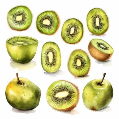 Draw a set of playful and colorful, watercolor style illustrations of kiwis, evenly space elements for clipart, white background