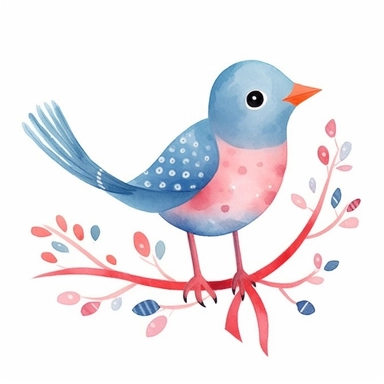 a bird, coral and blue colors, childrens book illustration style, simple, cute, full color, flat color, pink dot ribbon, watercolor, isolated white background, clipart, digital art, HD, clean line art