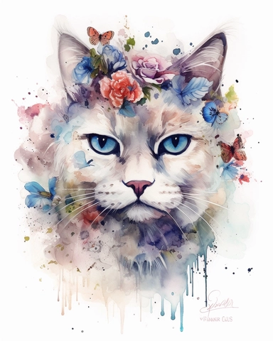 Watercolor Painting of Ragdoll cat head on white background good anatomy, DETAILED ILLUSTRATION, Flora Design Patterns, Flemish Baroque by Rachel Ruysch, Behance, Rococo, Intricate Detailed, Soft Light Effect, Oil Paint Strokes, Light Academia Aesthetic Flowers, Lighting cinematic, all shown shimmering stamens, tyndall light, texture, colorful, 8k, fantasy, ray tracing, vivid, spectacular lighting, octane rendering, highly detailed, ultra - realistic, white background, clipart