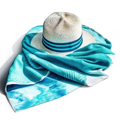 watercolor, hyper realistic, white background, white margins, 16k, ultra detailed clipart, cut out image, hand-drawn, whimsical a soft and colorful beach towel or poolside towel, folded neatly and ready for lounging, symbolizing relaxation and comfort during poolside moments, Vibrant Blue and Refreshing Turquoise
