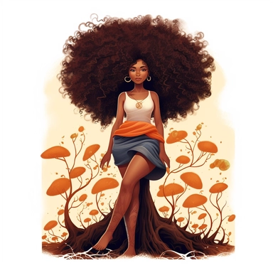 cartoon of a beautiful black woman with big curly hair, growing out of the ground like a tree with roots as her legs, clipart, digital illustration, procreate, v5