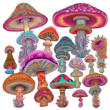 clipart set of mushrooms, designed by kaffe fassett, Master of the Embroidery, behance winner high detail, psychedelic, isolated on a white background