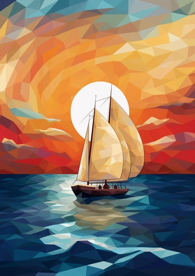isolated clip art image cubism art style themed sailing boat on the horizon, ocean