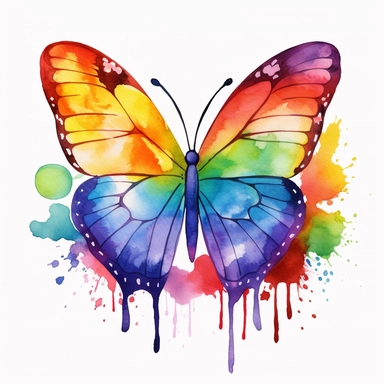 Cute Beautiful rainbow Heart And Couple Butterfly Watercolor Clipart,Cartoon, hyper realistic, intricate detail, illustration style,high solution,on the white background