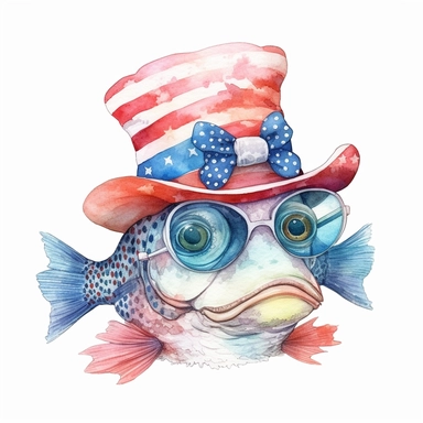 Fish wearing a hat 4th of july style, wearing sunglasses style by Lucy Fleming, watercolor, smooth gradients, black contour outline, ultra detailed, clipart elements, delicate pastel colors, solid white background, super clear, high quality