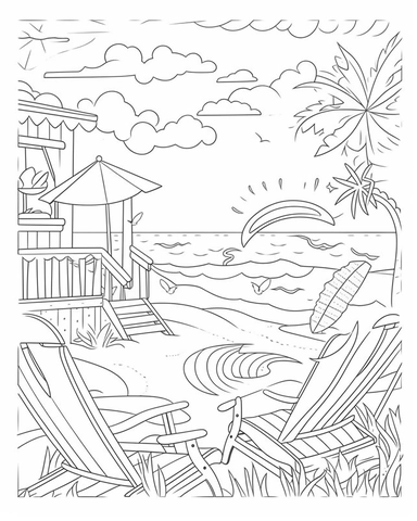 Adult Coloring Book Featuring Fun and Relaxing Beach Vacation Scenes, Peaceful Ocean Landscapes and Beautiful Summer Designs, coloring page line art, black and white clipart for a kids coloring page, simple and clean line art, illustration style,