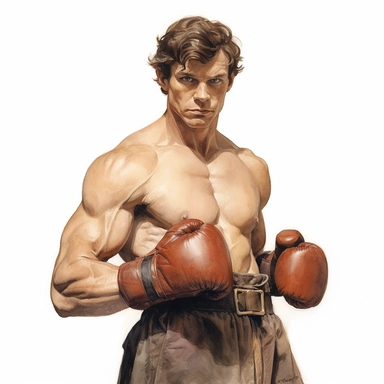 A beautifully illustrated victorian pulp fiction male fighter in varying hues ,wearing boxing gloves and muscular, muscles, octane render, hyperrealistic, stunningly handsome, refined and sophisticated, Hand drawn, roberto ferri ,realistic watercolor, Clipart, watercolor, white background, intricate detail