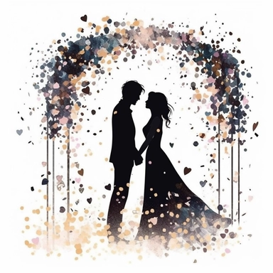 watercolor clipart with white background, black silhouette of bride and groom under an ivey covered arch with confetti in the air , cute and adorable, flat design,high quality--ar3:4--no mockups, watermarks, numbers, writing, letters--q2--v5.1--s1000