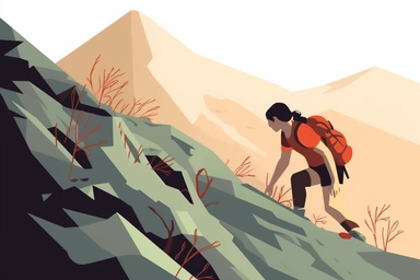 a woman climbing up a mountainside, clipart, vector hd, on white background