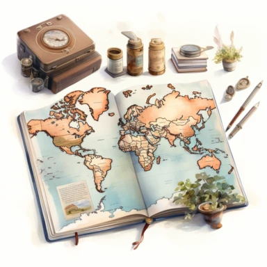 watercolour, travel theme, map, journal, soft and muted nuances, high quality detail, clipart, 8k, f1