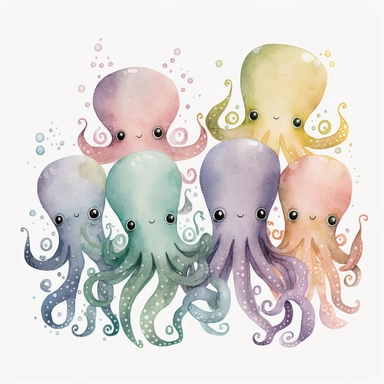 Cute octopus clipart, watercolor, simple, white background, eight limbs