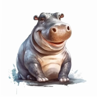 cute Hippopotamus Clipart sitting and smiling in the style of oil painting, on a white background