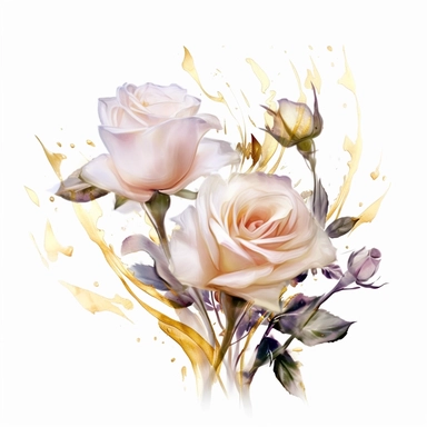 clipart, white background, lush and magical palest pink roses, white background, swirling magical gold alcohol inks in the foreground, clip art