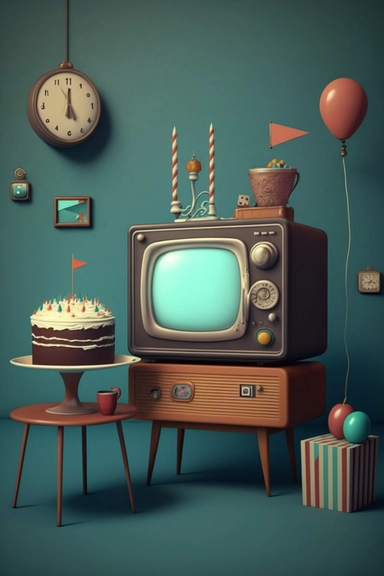 Stunning art of room landscape, happy birthday cake, minimalism, bright colors, old antique tv , walls , clock, table , chair , clip art, blue brown black and white color