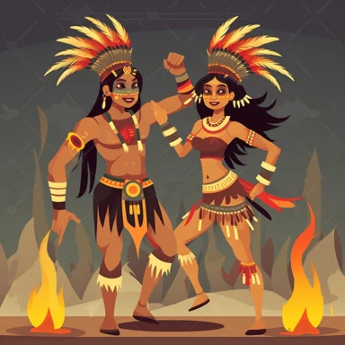Cartoon style clipart, Man and woman engaged in a traditional South American aboriginal dance ceremony, both with traditional facepaint, tattoos, piercings, markings, headdresses, night ceremony around a fire,