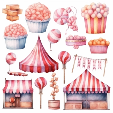 Watercolor style, travelling circus, individual clipart of candy floss, tent, acts and food variations, hyper realistic detailed clipart, on a white background, 8k