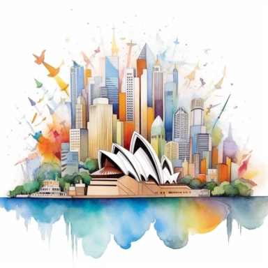 Very cute and Whimsical [quirky cityscape in Australia sydney opera, kangaroo] colorful, Watercolored illustration in the style of Michael Powell, clipart, white background