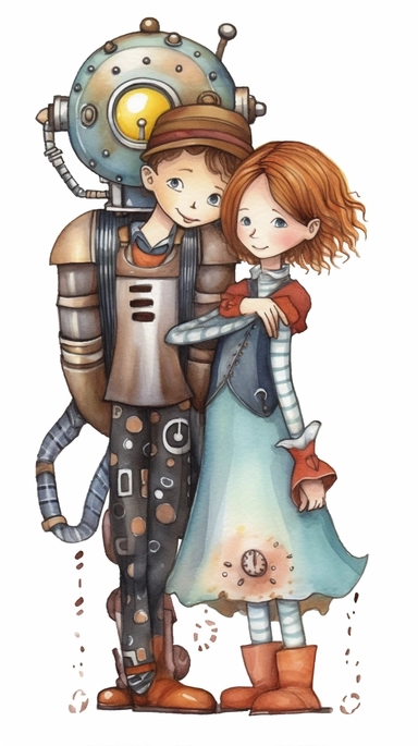 watercolor steampunk boy and steampunk girl entire body with a steampunk robot by their side illustration clipart by holly hobbie and mary engelbreit