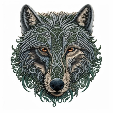 an embroidery design of a celtic wolf, highly detailed, white background, clipart