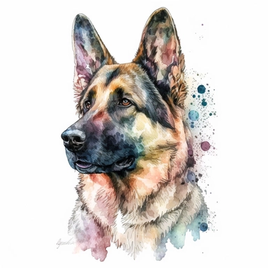 a watercolor art painting of a German Shepherd, clipart, white background