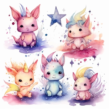 watercolor clipart of 5 cute little fantasy creatures with different features and from different perspectives, vibrant pastel colors, stars, magical, mystical, high quality watercolor image on white background