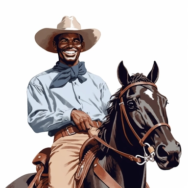 clipart, 1950s handome black man that is a cowboy on horse looking at camera smiling, inspired by the”Lone Ranger” 1950s comic book, white background,