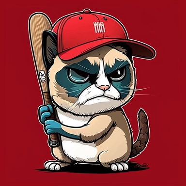 grumpy cat wear red baseball hat, hold baseball bat, clipart, vector, cartoon