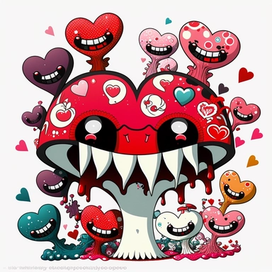 smiling cute evil mushrooms clip art, birthday, party, teeth, monster, grin, dancing, kissing, hearts, white, pink, red, black, intricate details, white background