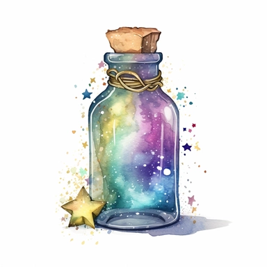 cartoon bottle of fairy dust, with a tag attached, glowing lights stars and sparkles, colors of green purple gold and blue, glamorous realistic and detailed, watercolor, white background with margins, clipart style