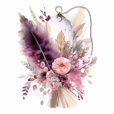 dried flower bouquet, lagura ovata, bunny tails, pampas, feathers, on a journal tag with a ribbon, in the style of dreamy watercolor scenes, transparent/translucent medium, light gray and magenta, antique subjects, rectangular fields, eye-catching tags, glossy finish, clipart, template, clip art, set of 10, white background, white space