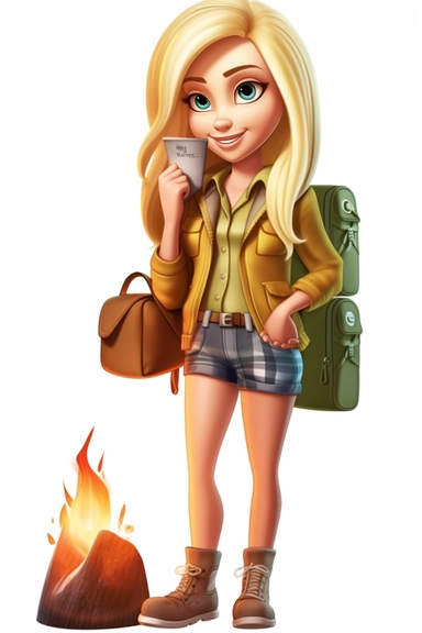 pretty mom blonde hair in a camping outfit, cartoon style, clipart, white background, transparent background