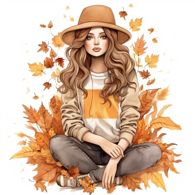 Just a Girl Who Loves Fall , style by Lucy Fleming, watercolor, smooth gradients, black contour outline, ultra detailed, clipart elements, delicate pastel colors, solid white background, super clear, high quality
