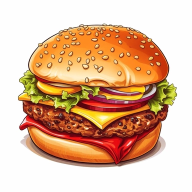 Cartoon style clipart, A burger with with grill marks on it with cheese Brown chili white slaw red ketchup yellow mustard and topped with the light brown sesame seed bun
