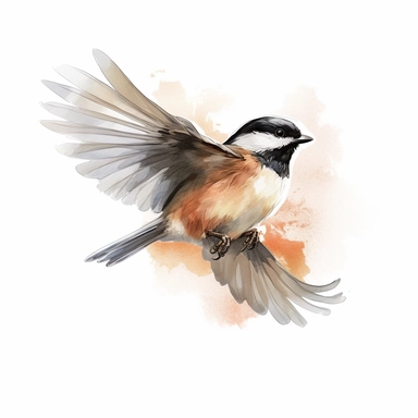 realistic watercolor chickadee flying with its wing swinging downwards, on white background, spaced out, clipart