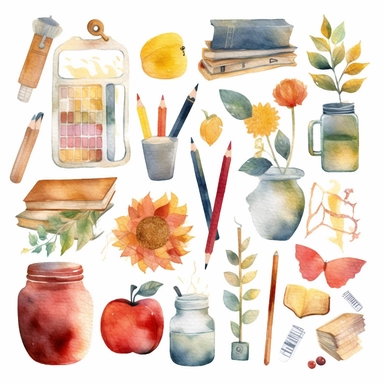 watercolor clipart back to school cute elements, school supplies, school blackboard, class room desk, etc. hight quality white background