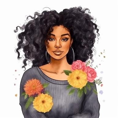 ultra detailed Black Girl Self Love Clipart, solid white background, cozy outfit, beautiful hair, super cute , super hot, self love, peaceful, floral heart, watercolor, floral, contour, PHOTOREALISM portrait , by ANIMATION
