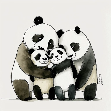 watercolor and ink drawing of a portrait of a family of four happy panda bears, one mom bear, one dad bear, two baby bears, clipart, embracing each other, cute pose, cartoon, doodle, happy, smiling, beautiful watercolor ink wash coloring, thick pencil lines, quentin Blake, Adrian tomine, popular on etsy, watercolor illustrations clipart, watercolor illlustrations for kids and children, book illustrations, plain white background