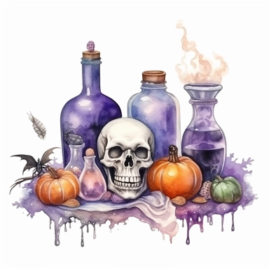 hand drawn Halloween decorations on the table, hocus locus vibes, Halloween cockies, vibrant colors, magical , spooky, very detailed and realistic, watercolor, white background with margins, clipart style