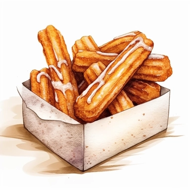 an enchanting watercolor, hyper-realistic clipart image with a white background and white margins, featuring a box of fresh and warm churros. The ultra-detailed, hand-drawn elements capture the ridged texture and golden color of the churros. Use whimsical touches to add a sense of delight, and bold shades of brown to evoke the sweet and doughy deliciousness of this fast food dessert.