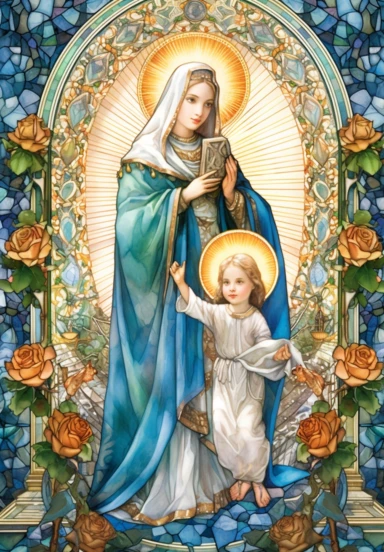 A sharp photograph of an expensive portrait, pay particular attention to the shape of your hands, less watercolor stained glass Madonna and child with matching crowns full body clipart, the Madonna is wearing a medium aquamarine blue mantle with bright white stars on it and the child is wearing a bright white robe, behind them is shimmering bright light, around many blue roses, highly detailed, white background, in the style of Catholic religious art, artist Andrea Lezcano, Vincent Van Gogh, in 