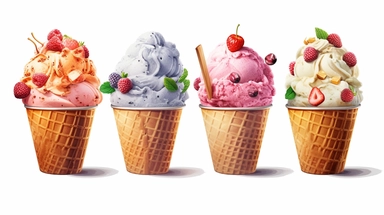 collection of 4 hayper realistic isolated clip art images, evenly spaced, luxurious ice cream generously adorned with an abundance of fruit toppings, many kind of fruits decoration on a white background, elements for sweets, in the style of realistic watercolor paintings, natural color schemes Concept Art , anodized shadows, hyperdetailed, realistic, cinematic lighting, intricate details , 8k, octane render, high detail,hyper quality,high resolution, elaborate, sketchfab photo-realistic, ultra s