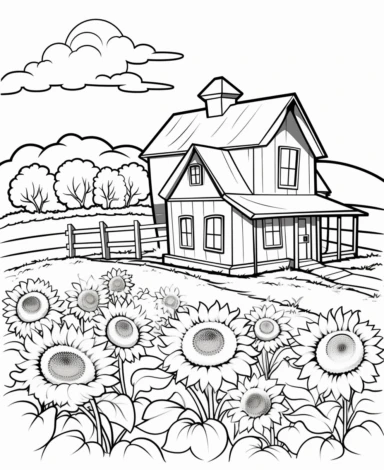 Farmhouse and Sunflowers coloring page with Farming background design as an outline art drawing with thick bold clear lines that are neatly joined up together, outline, clipart, no colors, no shadows, no details, HD