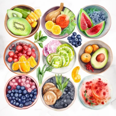 prompt watercolor clipart of a collection of various nutritious healthy bowls, presented in a flatlay style with a top-side view on a clean white background. Each bowl should be filled with a visually appealing arrangement of nutritious ingredients, showcasing their vibrant colors and textures. Ensure that the bowls are not overlapping or interacting with each other, maintaining a clear separation between them. Capture the details of each ingredient with delicate watercolor strokes, emphasizing 