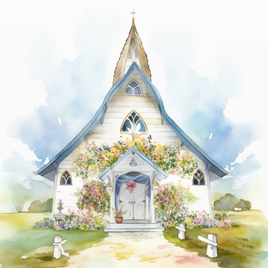 watercolor painting of wedding chapel clipart on plain white background, painted in the style of chiho aoshima