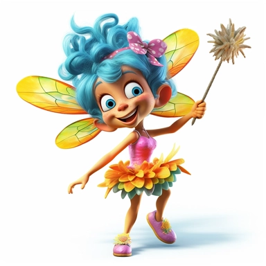 A 3D brightly colored cartoon character design of a tiny talking and laughing fairy with butterfly wings, wearing a flower dress, and a wand, with high detail, clipart, white background